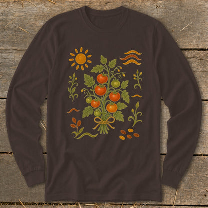 Brown long-sleeved shirt with a rustic tomato plant illustration and sun motif.