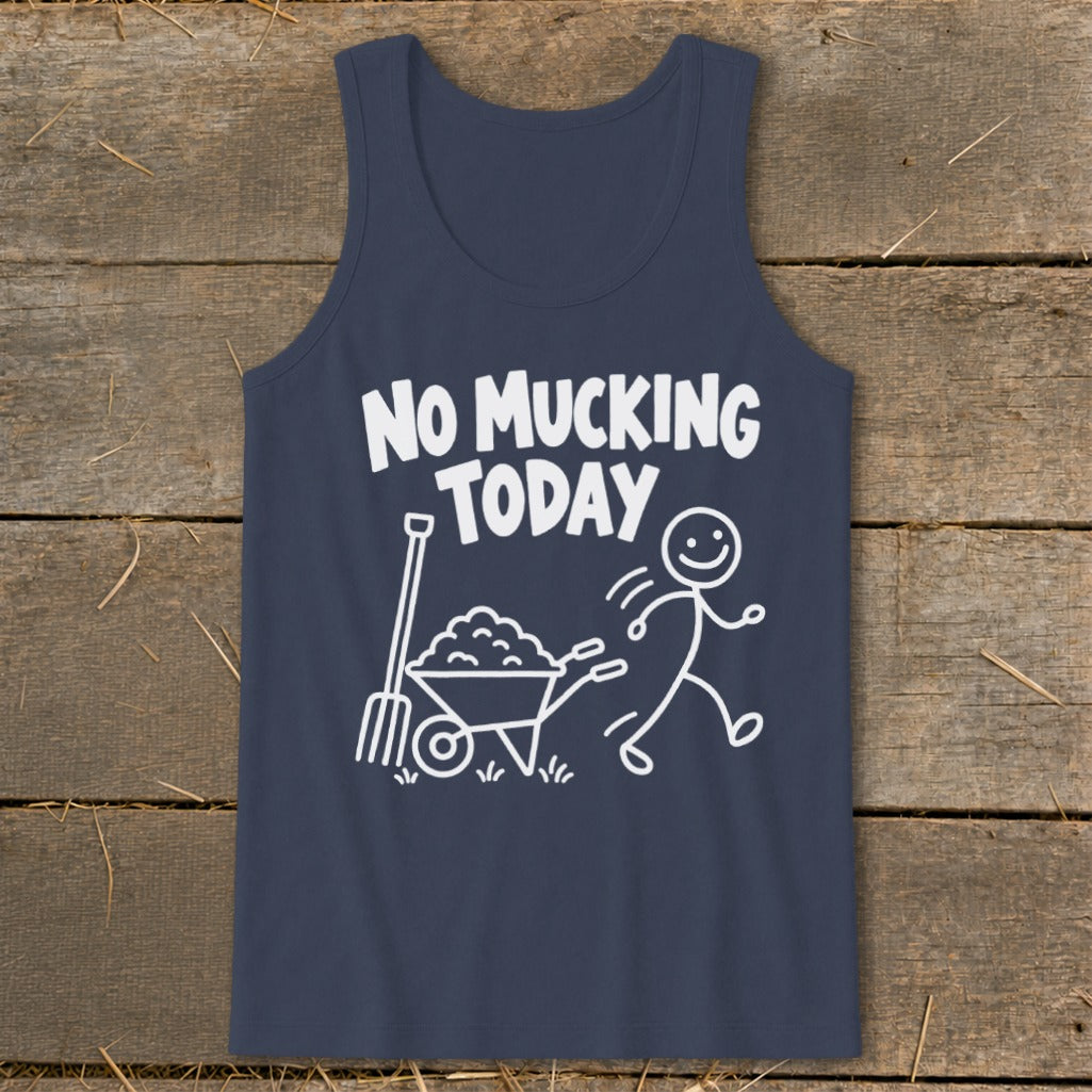 Navy tank top with white text and graphic of a stick figure running from a wheelbarrow.