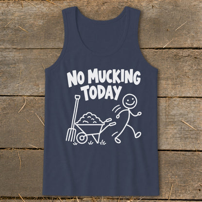 Navy tank top with white text and graphic of a stick figure running from a wheelbarrow.