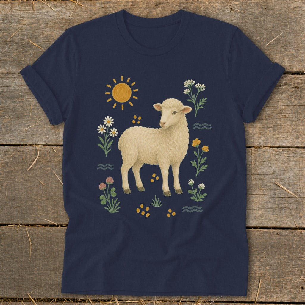Navy t-shirt with a cream sheep illustration surrounded by flowers, sun, and waves.