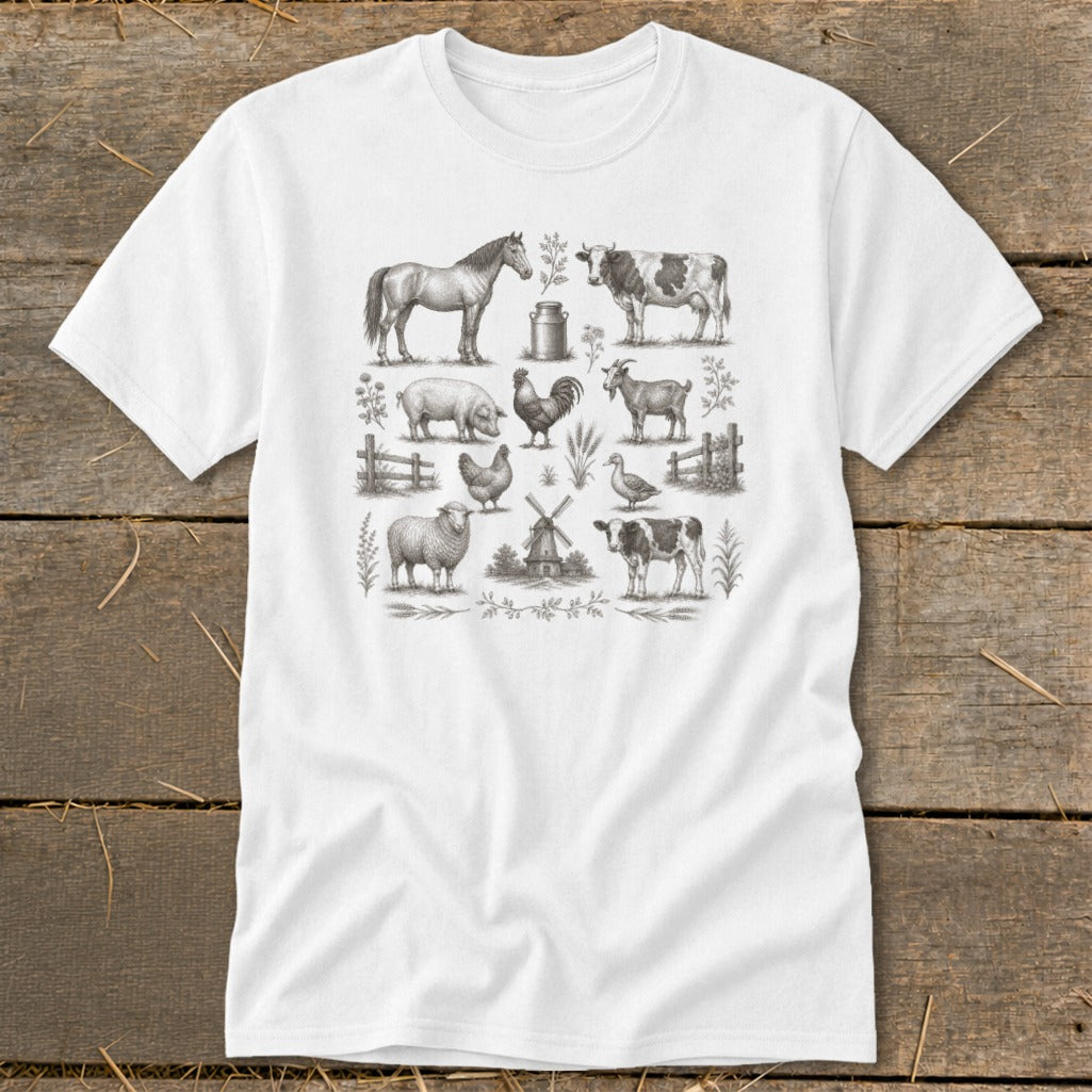 White t-shirt with charcoal farm animal illustrations: horse, cow, pig, chicken, goat, sheep, duck, and windmill.