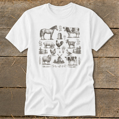 White t-shirt with charcoal farm animal illustrations: horse, cow, pig, chicken, goat, sheep, duck, and windmill.