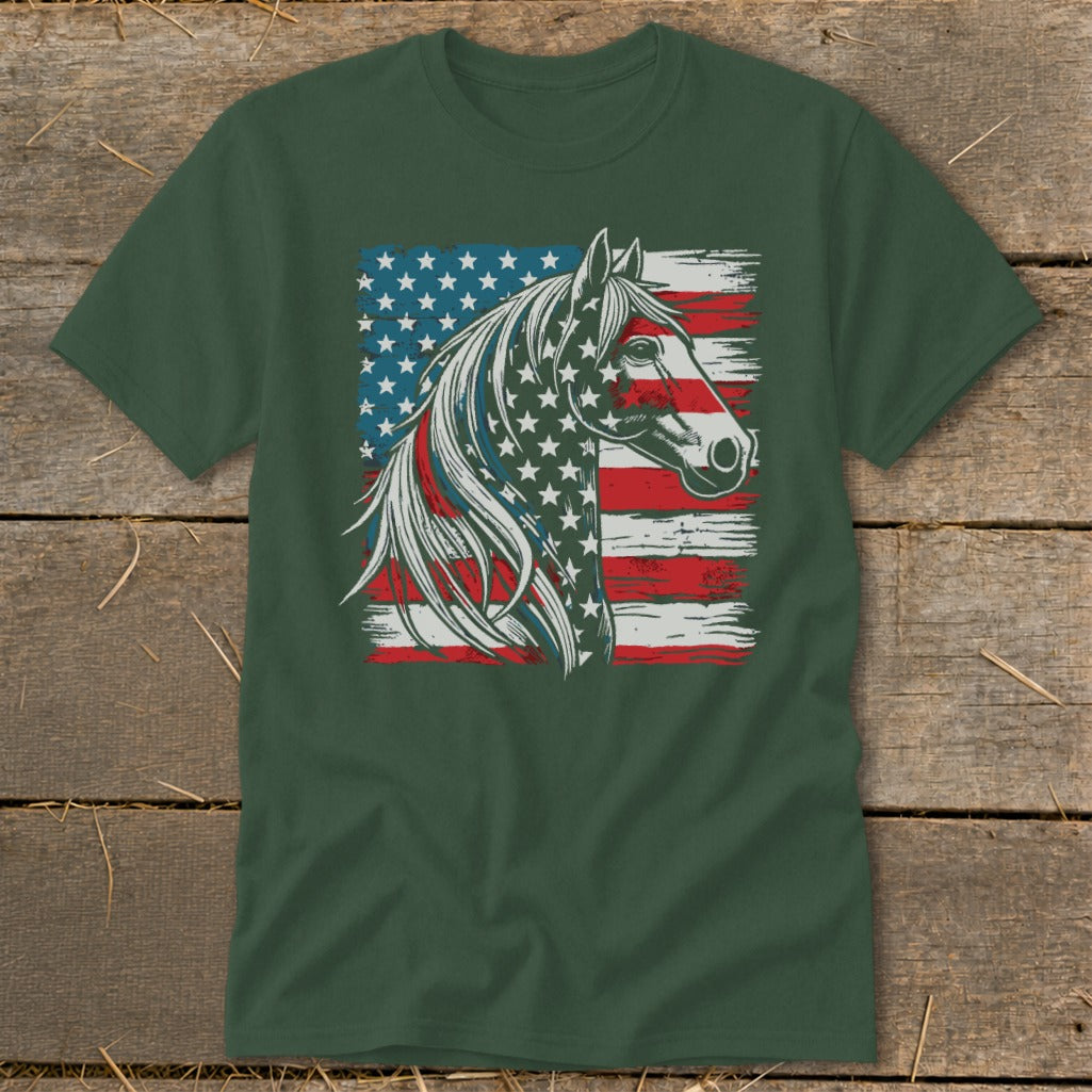 Green t-shirt with a horse head graphic overlaid on an American flag design.