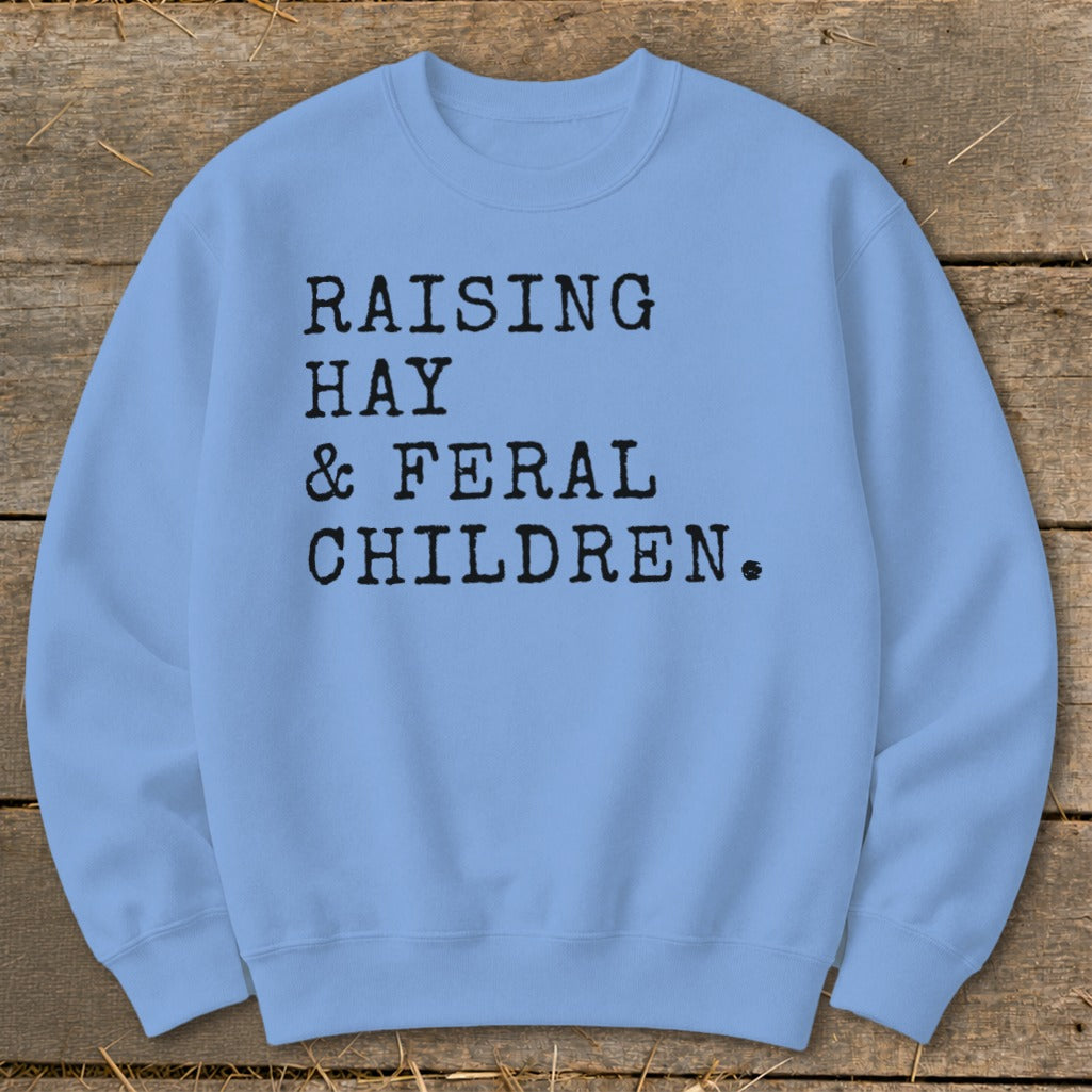 Light blue sweatshirt with black text reading "Raising Hay & Feral Children."