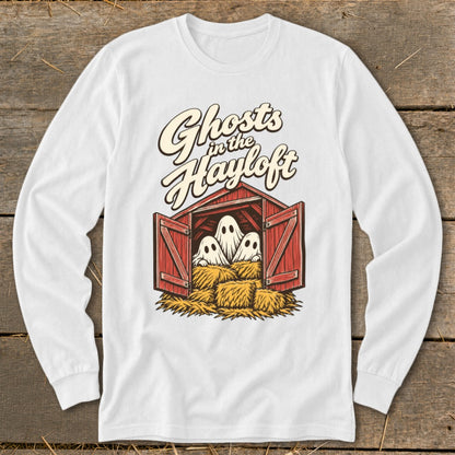 White long sleeve shirt with "Ghosts in the Hayloft" text and ghost graphic.