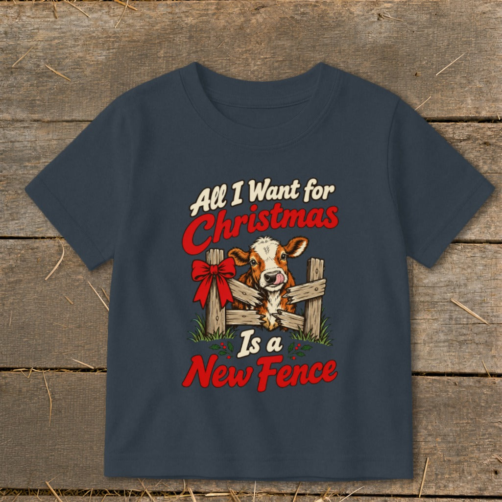 Cow in fence graphic with text "All I Want for Christmas Is a New Fence".