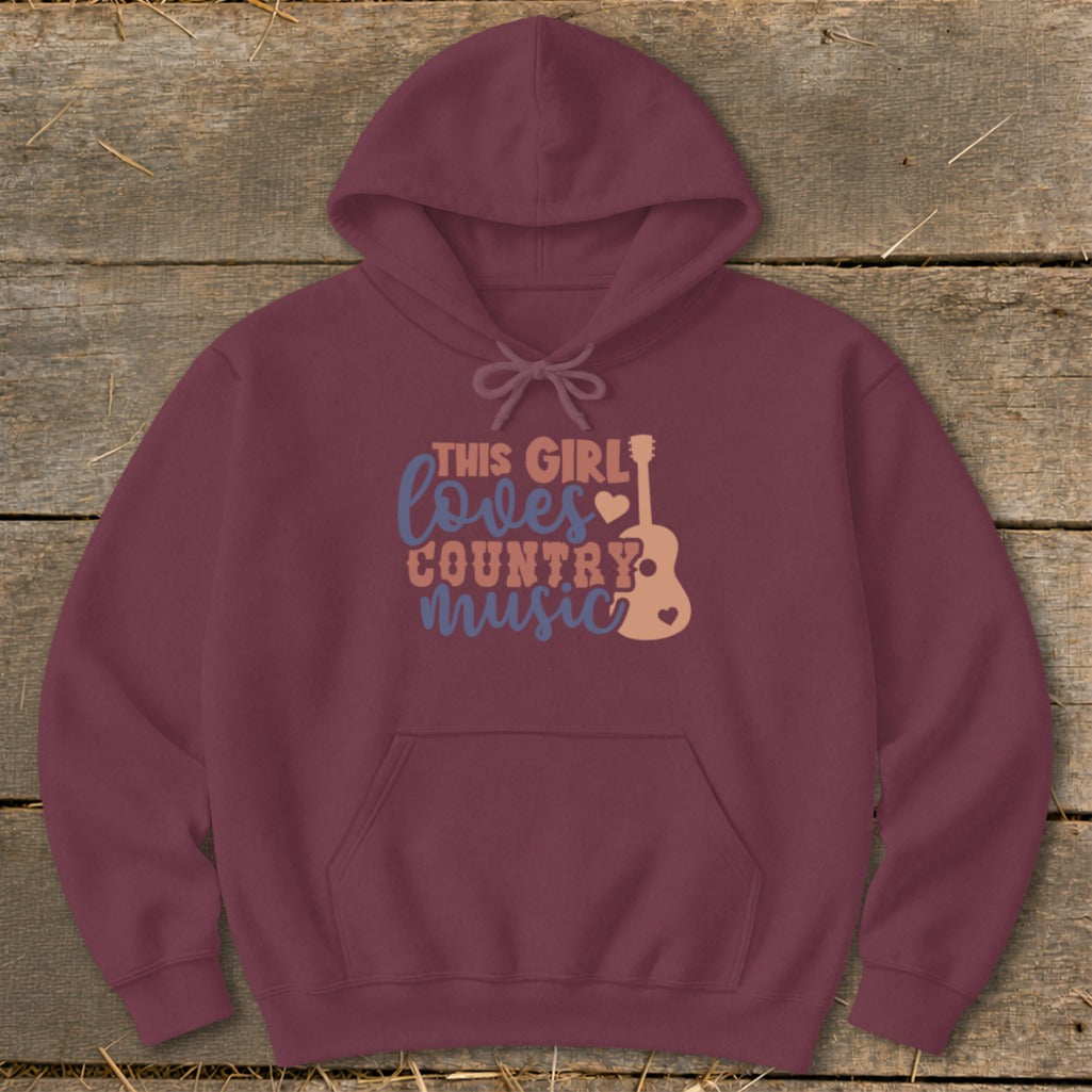 Maroon hoodie with "This girl loves country music" text and guitar graphic.
