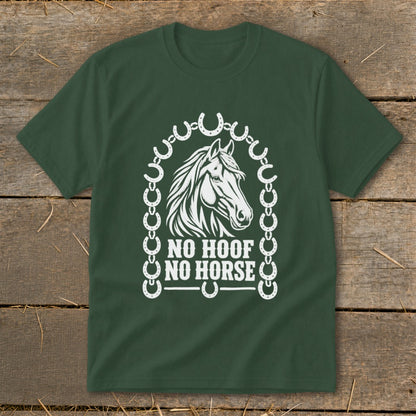 Green t-shirt with white horse graphic and text "NO HOOF NO HORSE".
