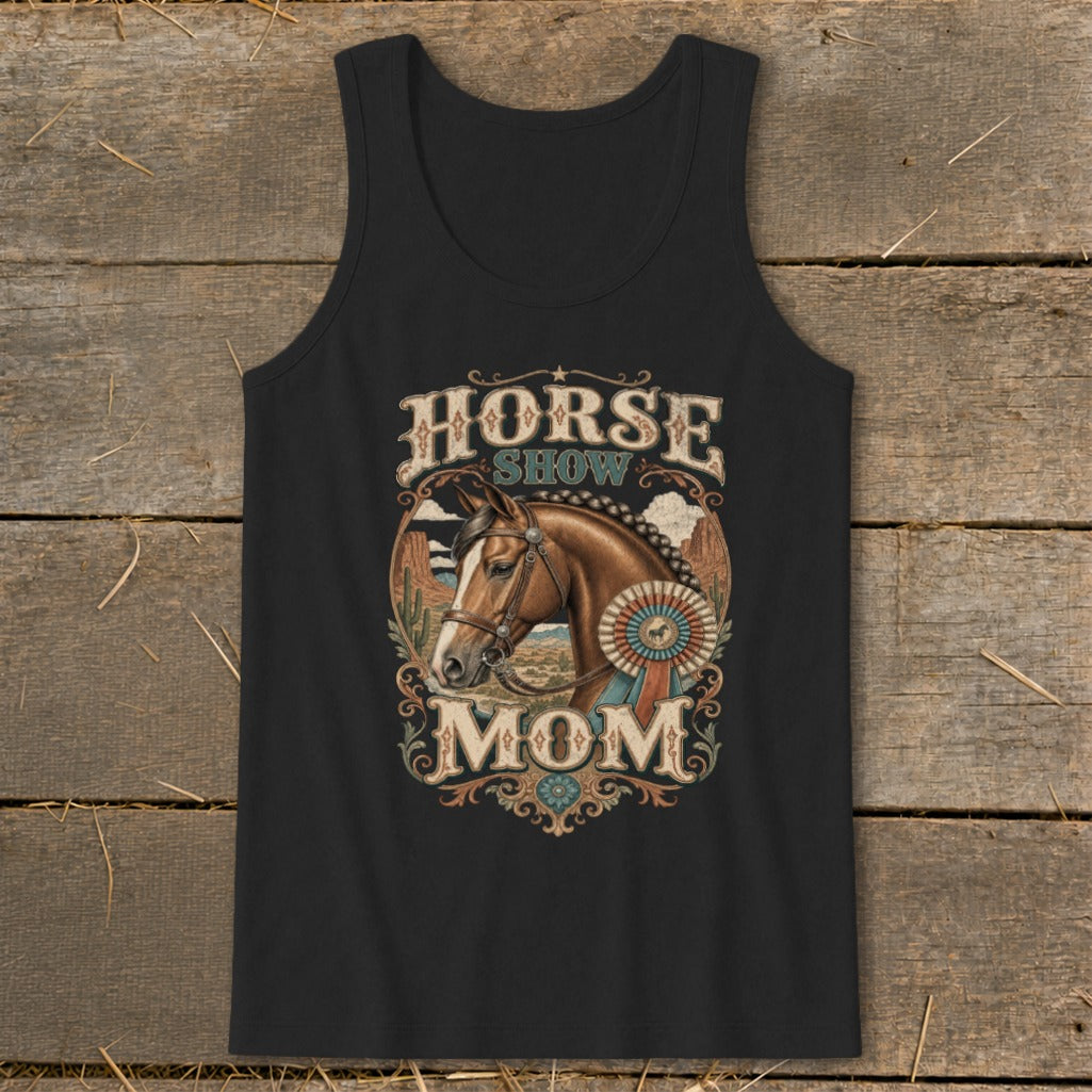 Black tank top with "Horse Show Mom" text and horse graphic.