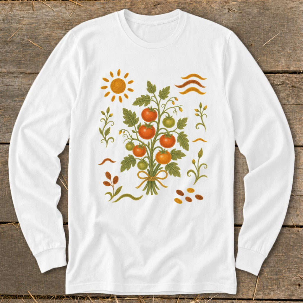 White long sleeve shirt with a tomato plant graphic and sun design.