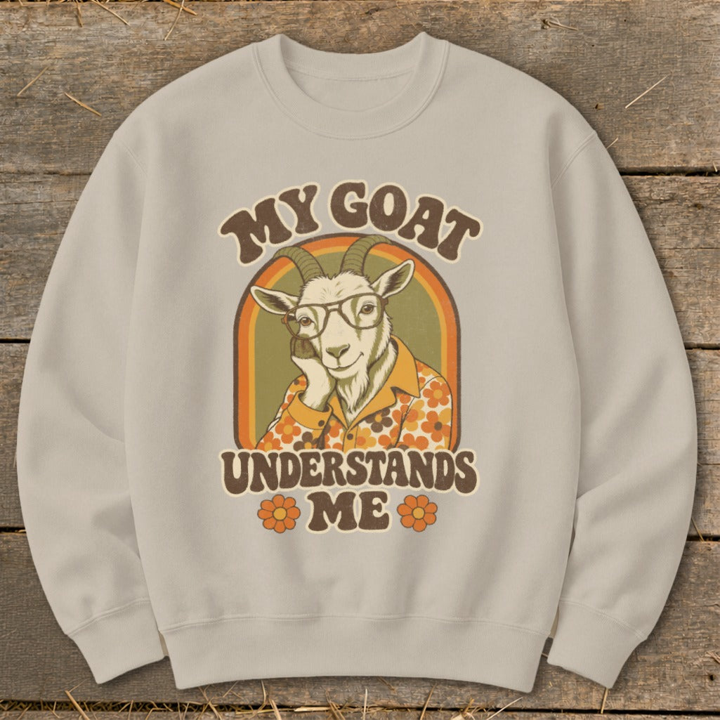 Crewneck sweatshirt with a retro graphic of a goat saying "MY GOAT UNDERSTANDS ME".