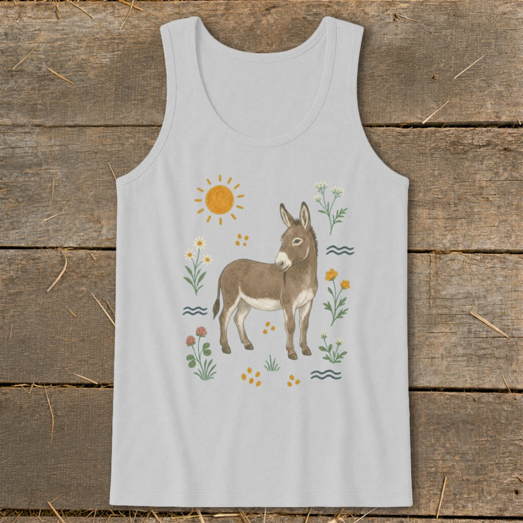 Light grey tank top with watercolor illustration of a donkey surrounded by flowers and a sun.