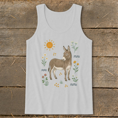 Light grey tank top with watercolor illustration of a donkey surrounded by flowers and a sun.