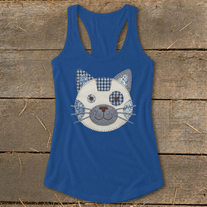 Blue tank top with a patchwork cat face applique design.