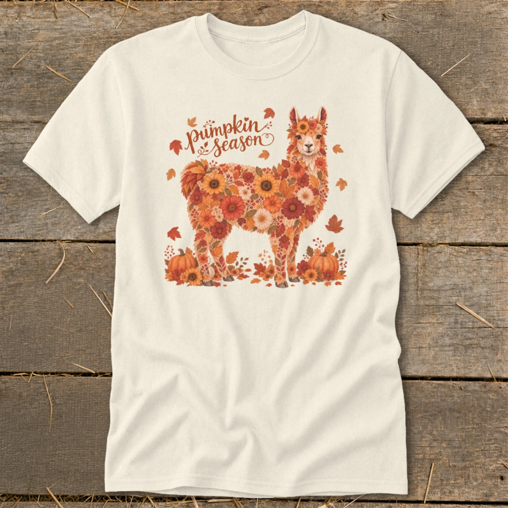 Cream t-shirt with floral llama and "pumpkin season" text.