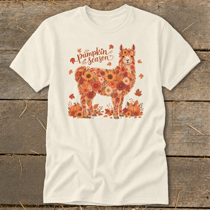 Cream t-shirt with floral llama and "pumpkin season" text.