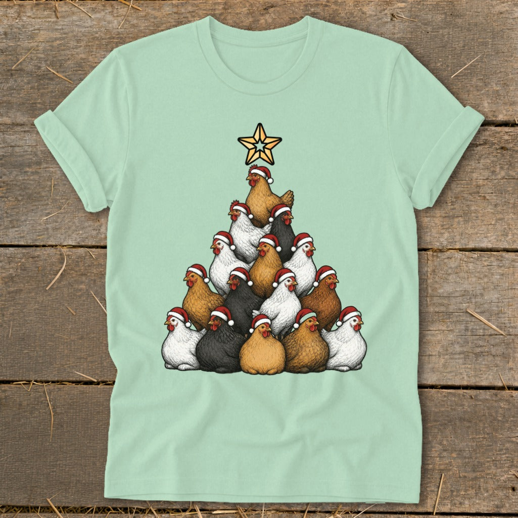 Christmas tree made of chickens wearing Santa hats with a star on top.