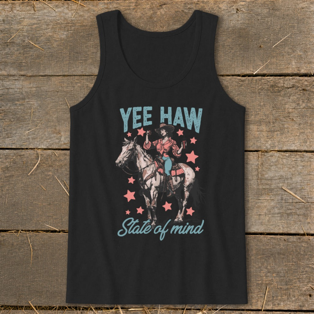 Black tank top with "Yee Haw State of Mind" and cowgirl on a horse graphic.