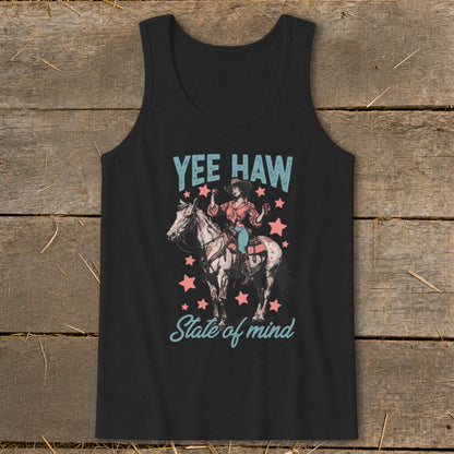 Black tank top with "Yee Haw State of Mind" and cowgirl on a horse graphic.
