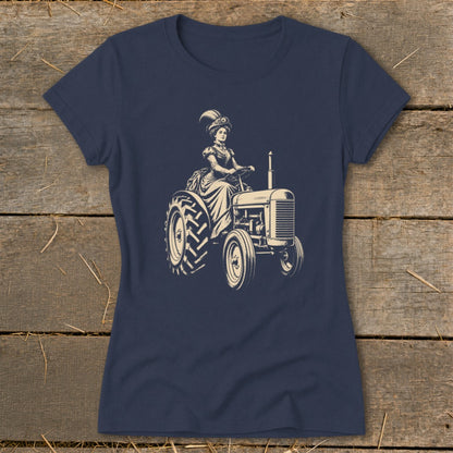 Sketch of woman in vintage dress and hat driving a tractor.