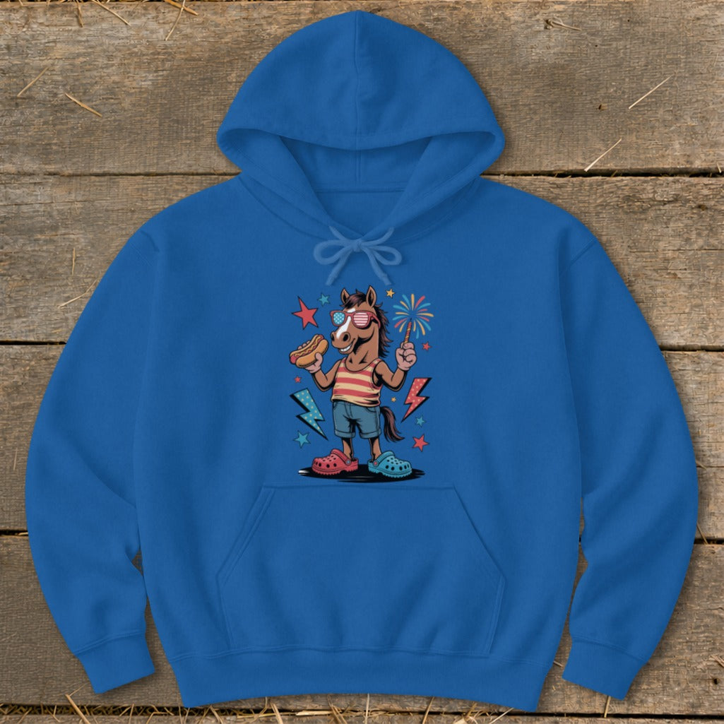 Blue hoodie with a cartoon horse wearing sunglasses holding a hot dog and a sparkler.