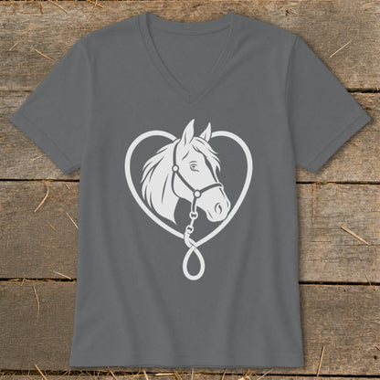 Dark gray V-neck t-shirt featuring a white graphic of a horse head inside a heart outline.