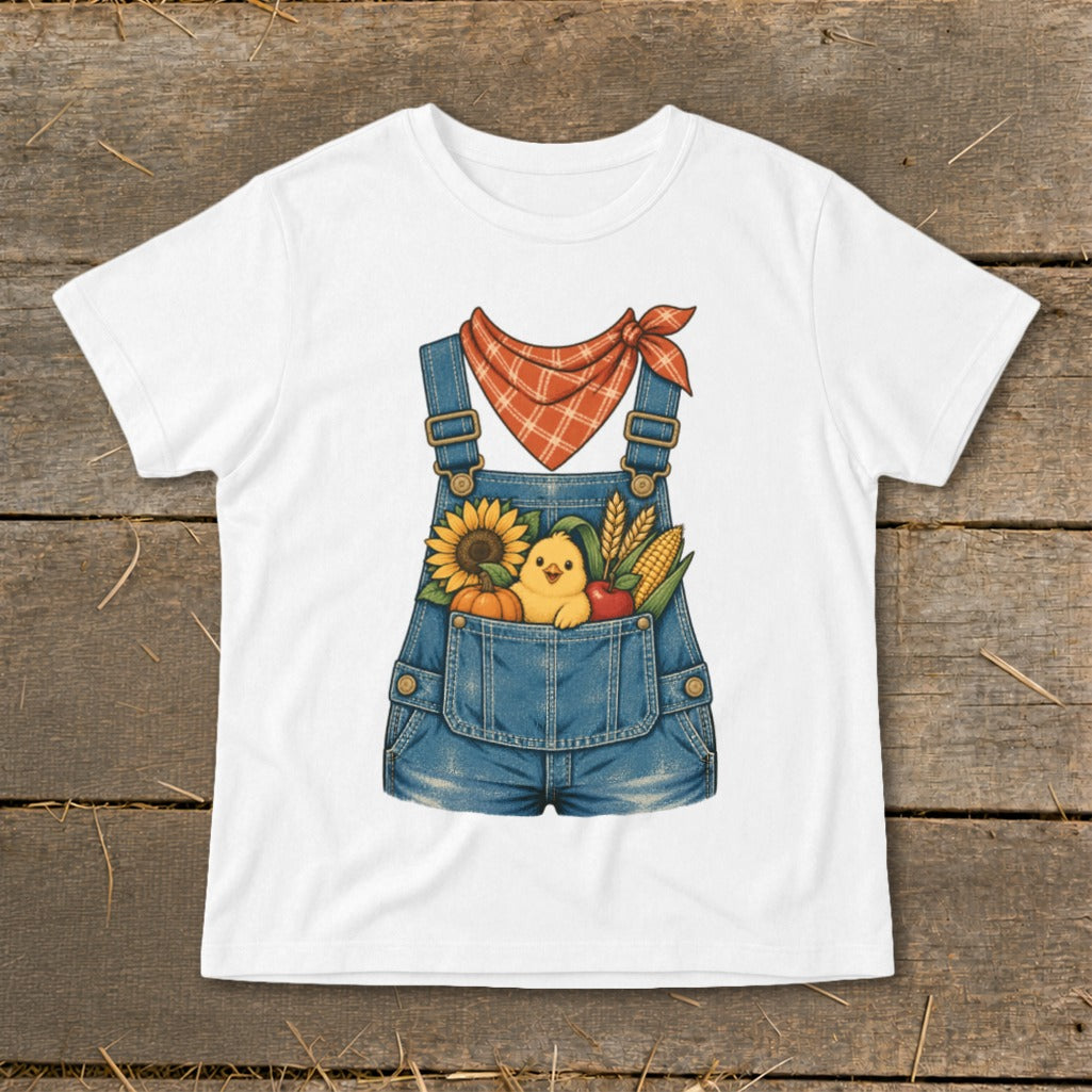 White t-shirt with denim overalls graphic featuring a chick and autumn harvest in the pocket.