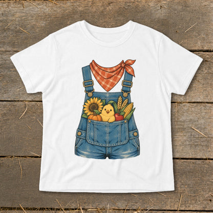 White t-shirt with denim overalls graphic featuring a chick and autumn harvest in the pocket.