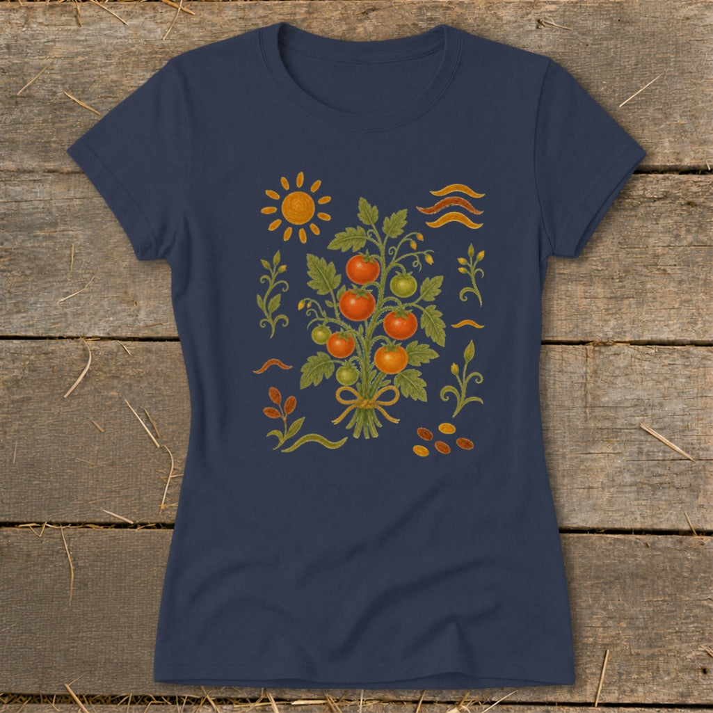 Navy t-shirt with a central illustration of a tomato plant with red and green tomatoes.