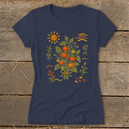 Navy t-shirt with a central illustration of a tomato plant with red and green tomatoes.