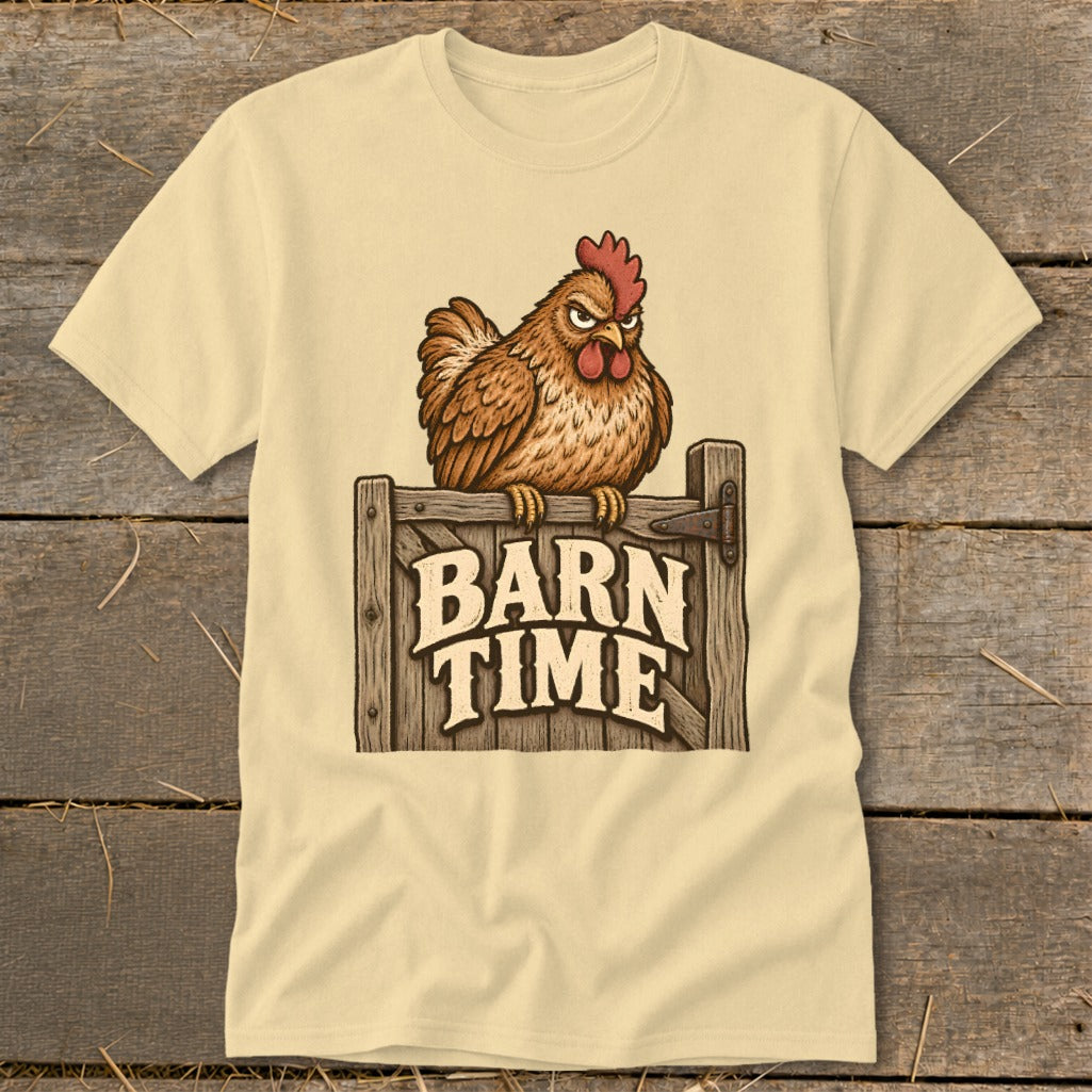T-shirt with cartoon chicken on a barn door graphic reading "BARN TIME".