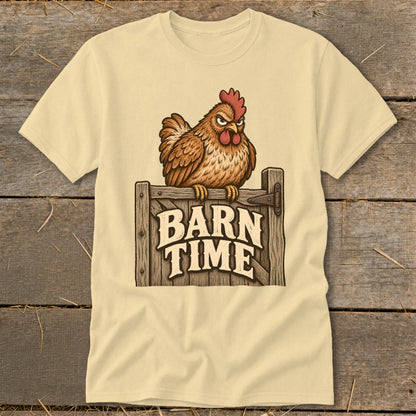 T-shirt with cartoon chicken on a barn door graphic reading "BARN TIME".