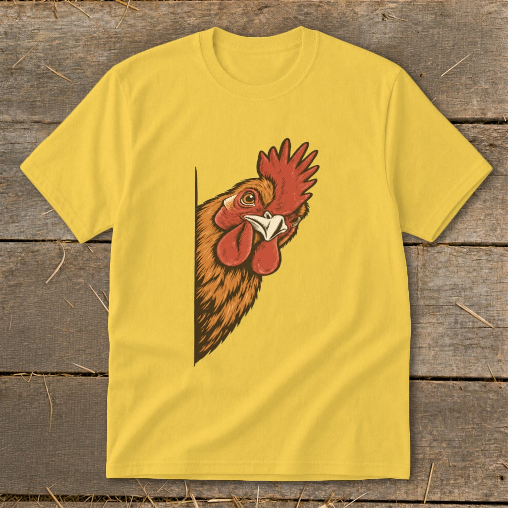Yellow t-shirt with a peeking rooster illustration on the left side.