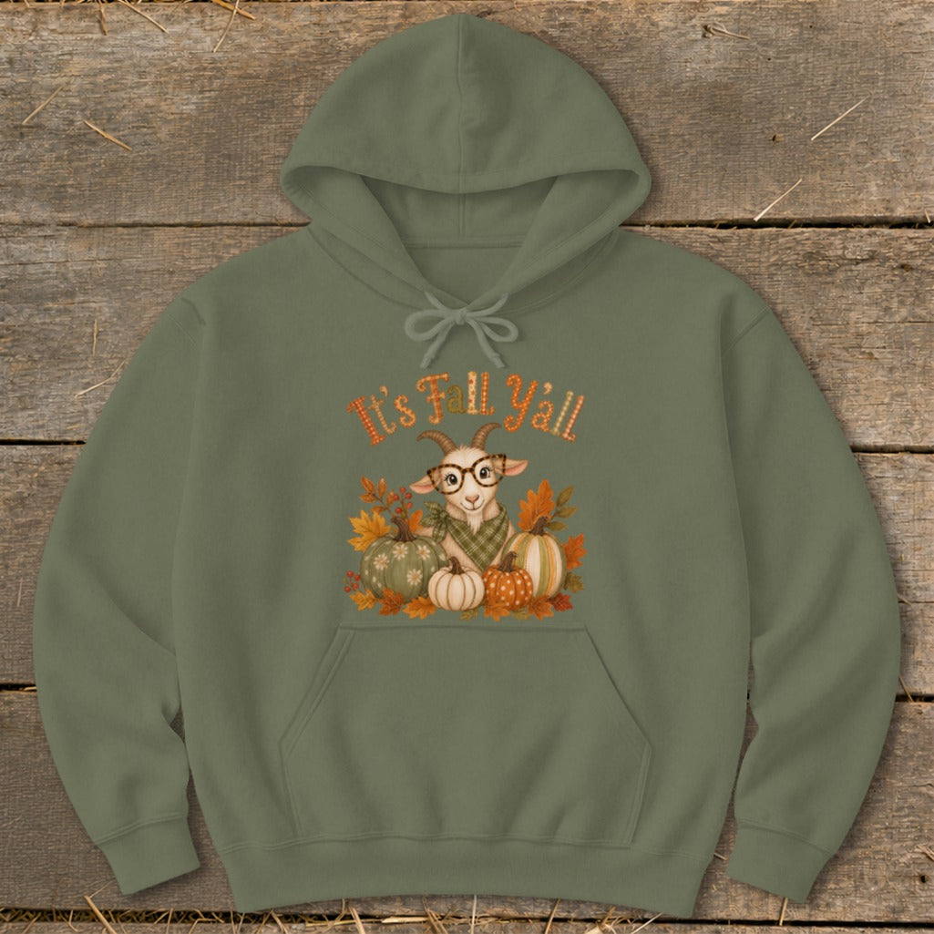 Olive green hoodie with a graphic of a goat and pumpkins, saying "It's Fall Y'all."