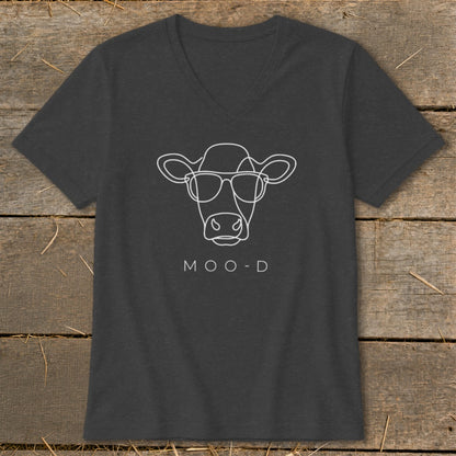 Dark gray v-neck t-shirt with white line art of a cow wearing sunglasses and text MOO-D.