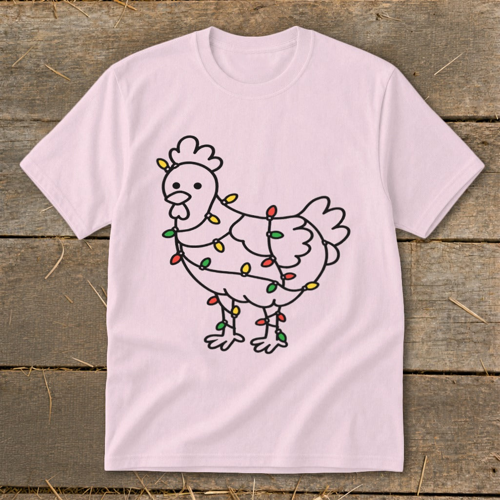Pink t-shirt with a black outline drawing of a chicken wrapped in colorful holiday lights.