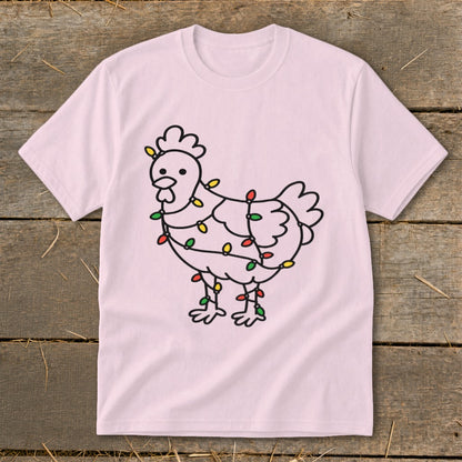 Pink t-shirt with a black outline drawing of a chicken wrapped in colorful holiday lights.
