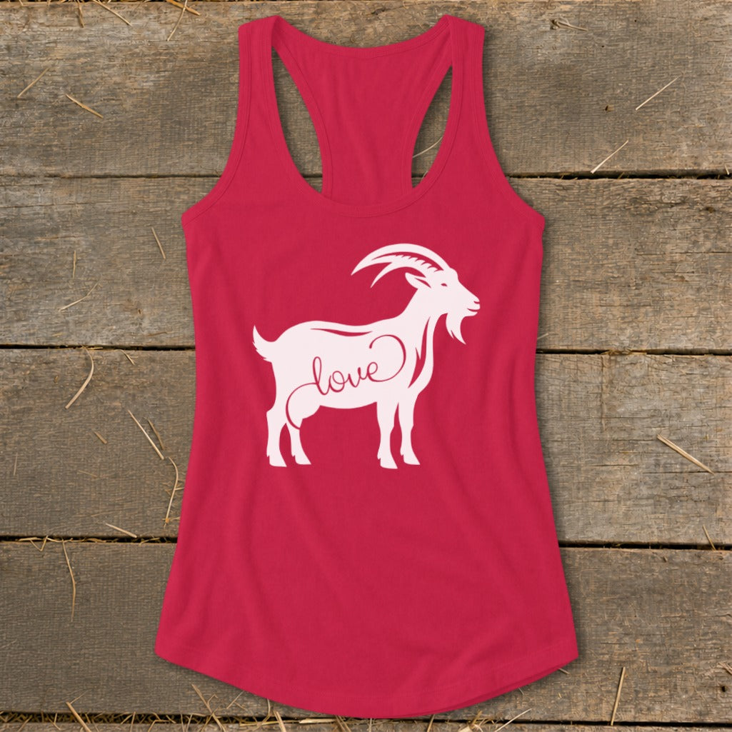 Pink tank top with white goat silhouette and the word "love".