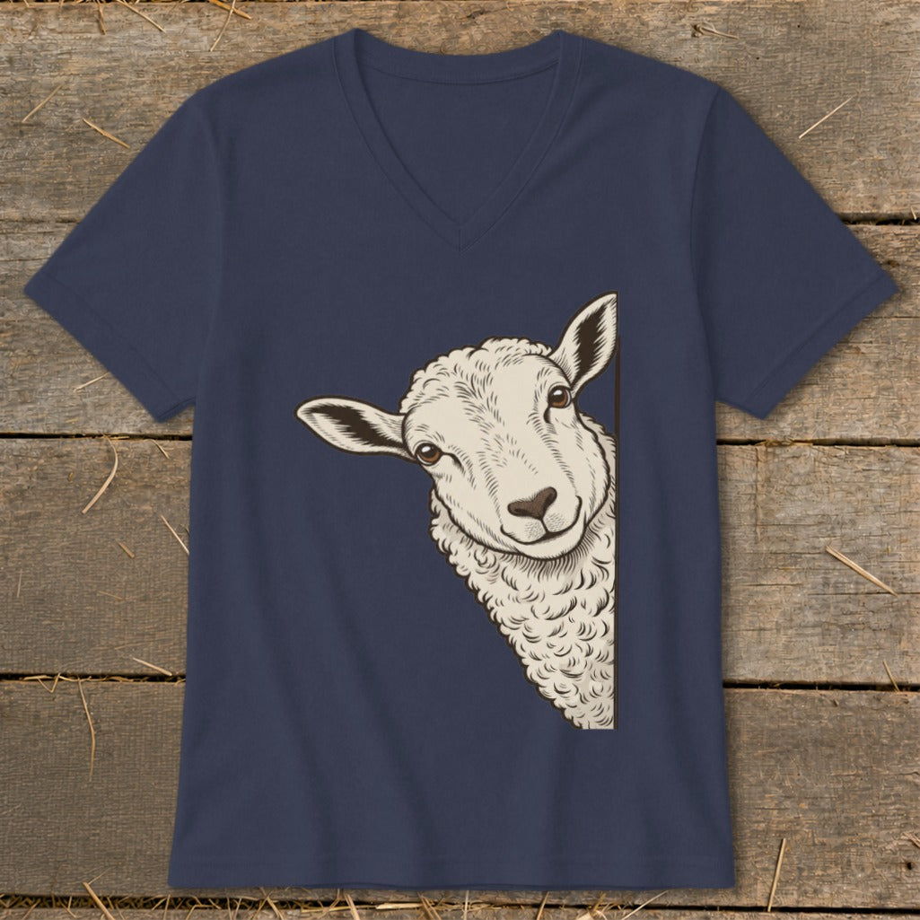 Navy v-neck t-shirt with a peeking sheep illustration on the front.