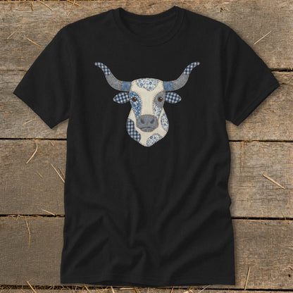 Black t-shirt with a patchwork longhorn bull head graphic.