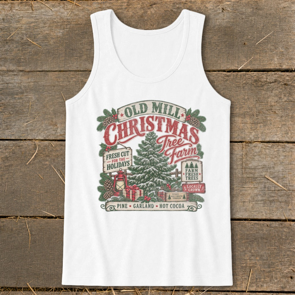 White tank top with Old Mill Christmas Tree Farm graphic and festive holiday imagery.