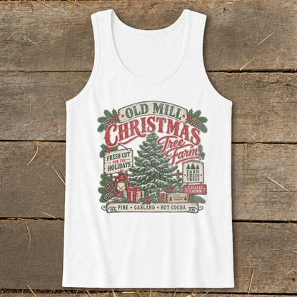 White tank top with Old Mill Christmas Tree Farm graphic and festive holiday imagery.
