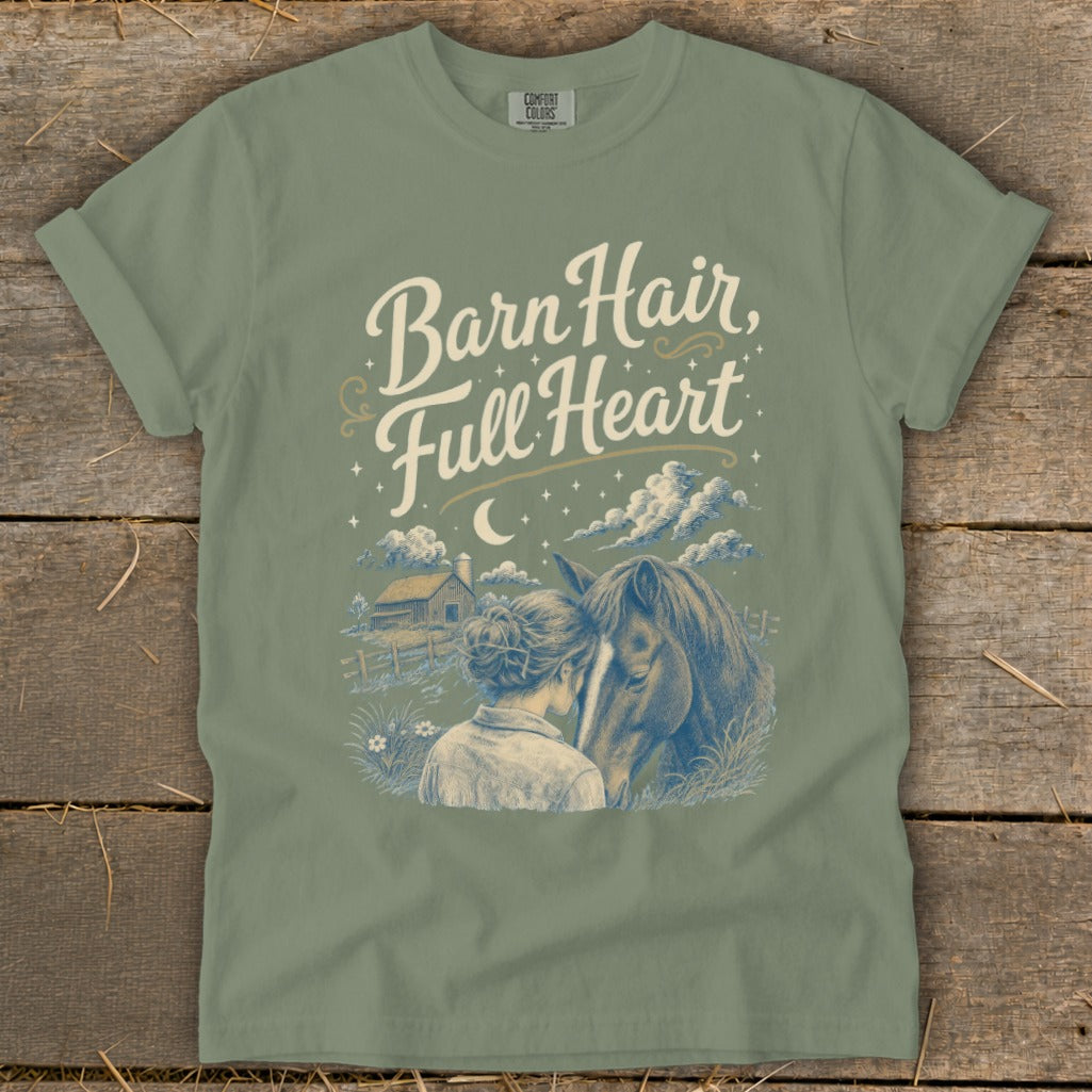 T-shirt graphic: "Barn Hair, Full Heart" with woman and horse illustration.