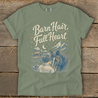 T-shirt graphic: "Barn Hair, Full Heart" with woman and horse illustration.