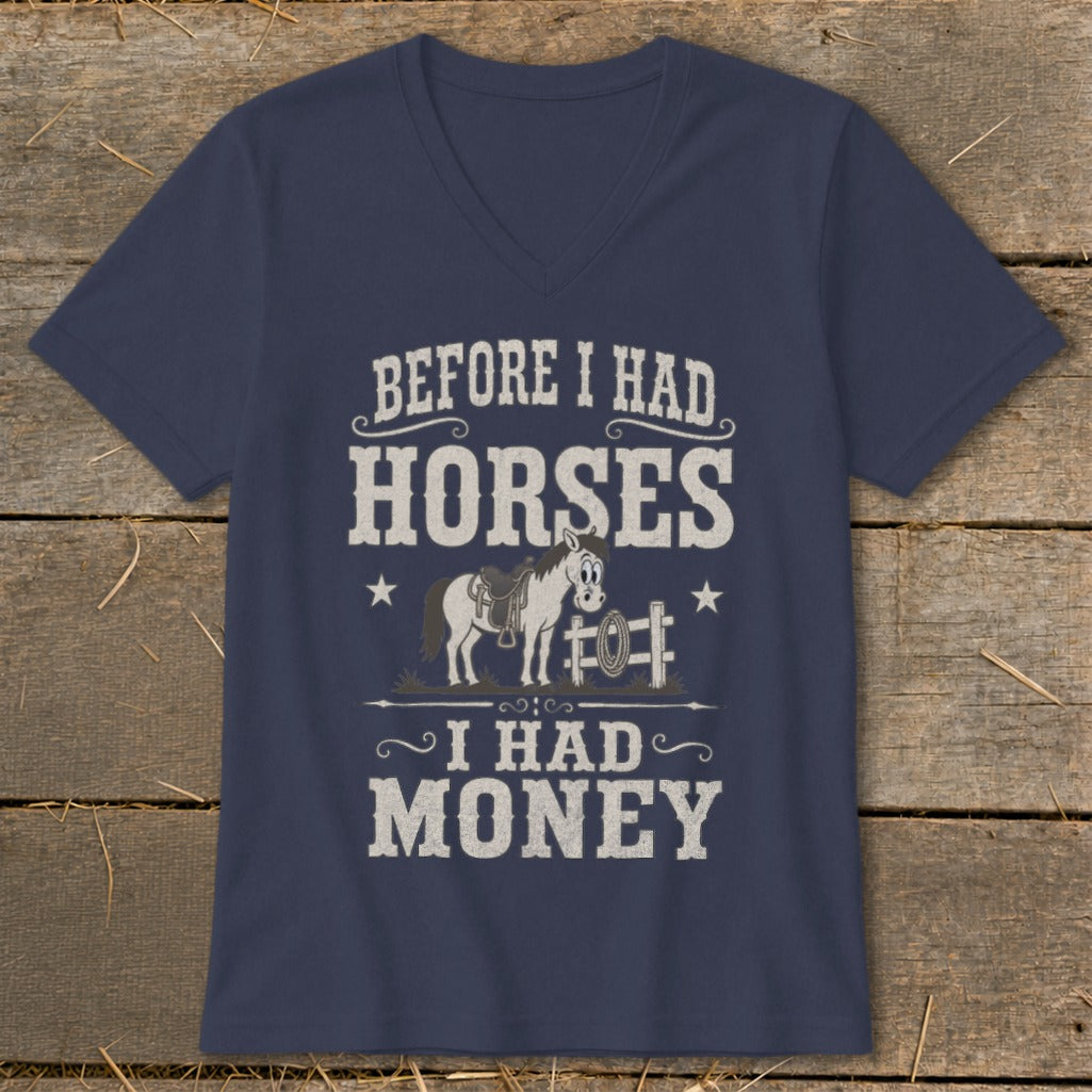 Navy v-neck t-shirt with text "Before I Had Horses, I Had Money" and cartoon horse.