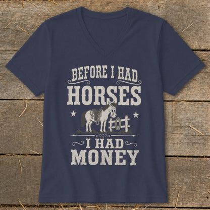 Navy v-neck t-shirt with text "Before I Had Horses, I Had Money" and cartoon horse.