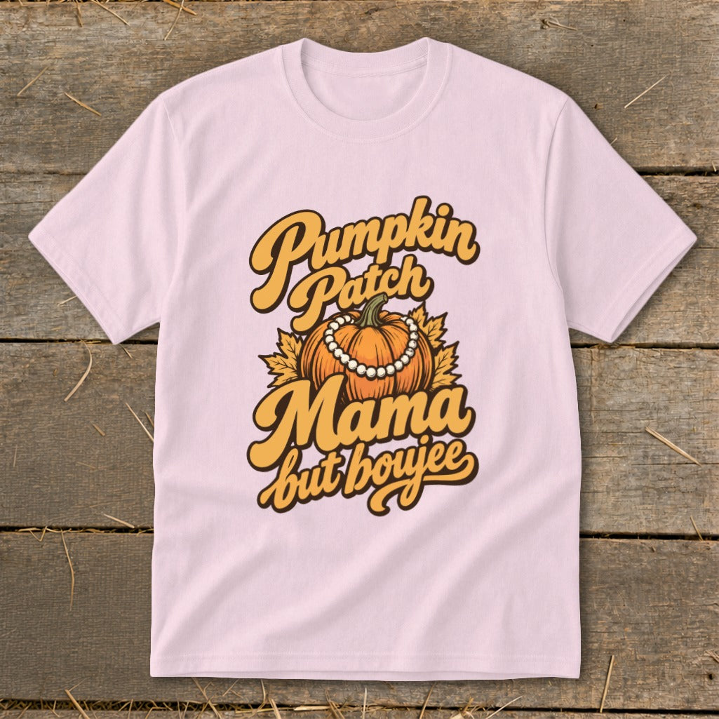 Pink t-shirt with "Pumpkin Patch Mama but boujee" graphic featuring a pumpkin and pearls.