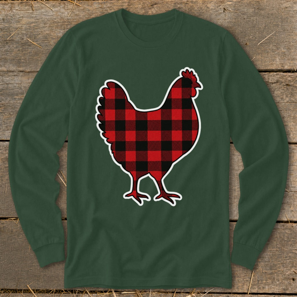 Dark green long-sleeve shirt with a red and black buffalo plaid chicken design.