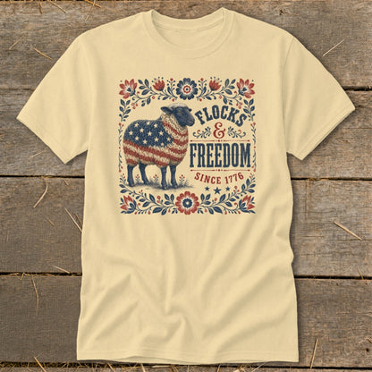 Sheep with American flag pattern, text "Flocks & Freedom Since 1776".