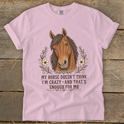 Pink t-shirt with a horse graphic and text: "My horse doesn't think I'm crazy and that's enough for me."